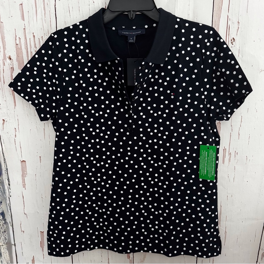 Tommy Hilfiger Navy and White Polka Dot Women's Polo Shirt Medium